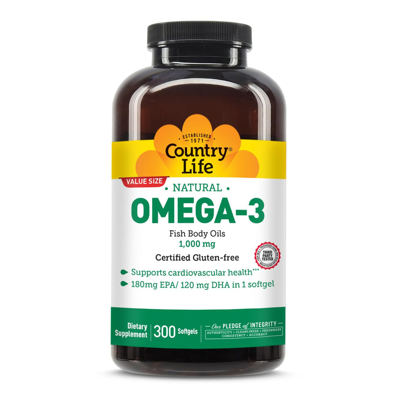 Country Life Omega-3 Fish Oil 1,000 mg, 180 mg EPA/120 mg DHA, 300 Softgels | One daily softgel provides 180 mg EPA and 120 mg DHA to support cardiovascular health. Unflavored 300 Count (Pack of 1)