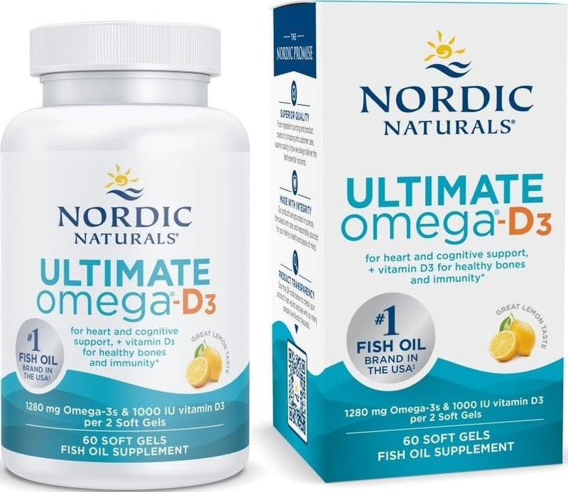 Nordic Naturals Ultimate Omega-D3,1280mg + 1000IU D3, Lemon - 60 Count | Omega-3 Fish Oil with EPA & DHA + Vitamin D3. Supports brain, heart & immune health. Lemon flavor. 30 servings. 2 per day. 60 Count (Pack of 1)