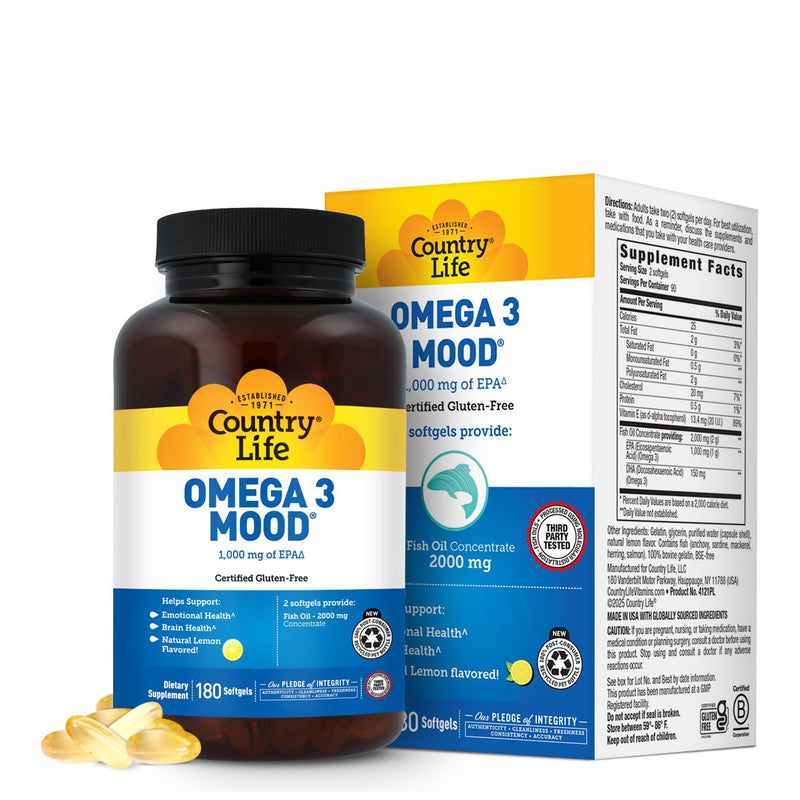 Country Life Omega 3 Mood Fish Oil, 1000 mg EPA per Serving, 180 Softgels | Supports emotional well-being and brain health with a pleasant natural lemon flavor 180 Count (Pack of 1)