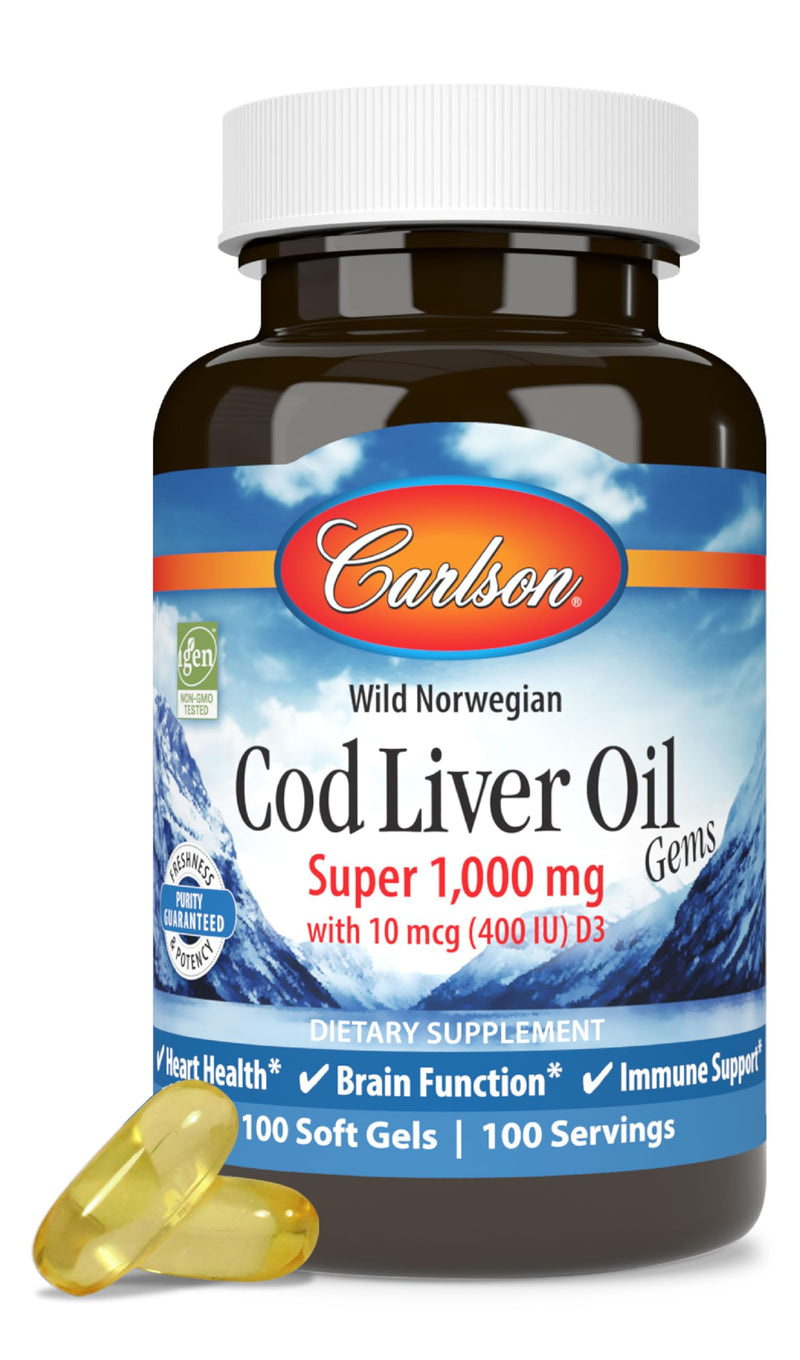 Carlson Cod Liver Oil Gems, Super 1000 mg, 250 mg Omega-3s, 100 Softgels | 400 IU (10 mcg) Vitamin D3; Wild Caught Norwegian Arctic Cod Liver Oil; Nordic Fish Oil Capsules 100 Count (Pack of 1)