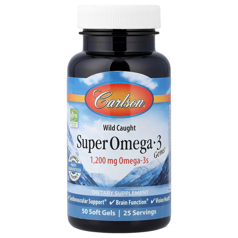 Carlson Super Omega-3 Gems, 1200 mg, Omega-3s, 50 Softgels | with EPA and DHA; Wild Caught Norwegian Fish Oil Supplement; Sustainably Sourced Fish Oil Capsules; Omega 3 Supplements 50 Count (Pack of 1)