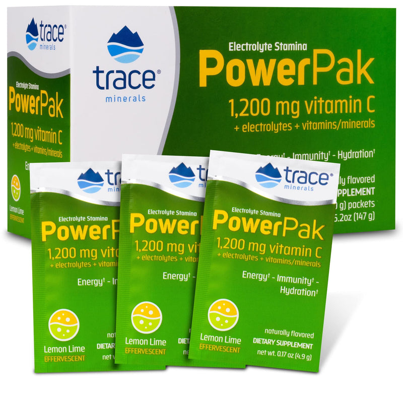 Trace Minerals Power Pak Electrolyte Drink Mix, Lemon Lime, 30 Packets | 1,200 mg vitamin C per serving with zinc and magnesium. Promotes immunity and supports hydration. No artificial dyes.
