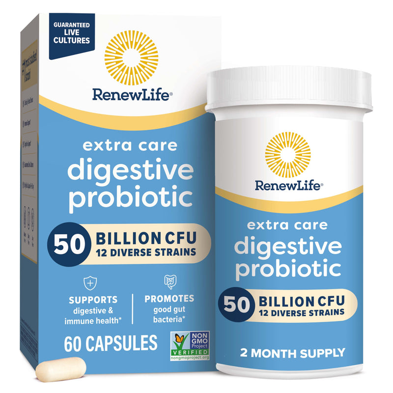 Renew Life Extra Care Digestive Probiotic 50 Billion CFU | 60 Vegetarian Capsules | Supports Digestive, Immune & Respiratory Health| Dairy, Soy and Gluten Free Supplement 60 Count (Pack of 1)