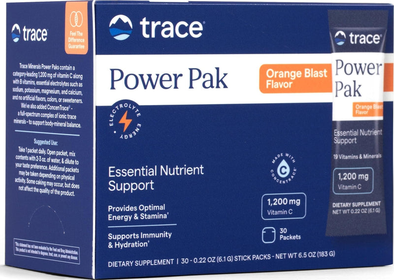 Trace Minerals Power Pak Electrolyte Powder Packets, Orange Blast, 30 Ct | 1,200 mg Vitamin C plus Zinc, Immunity and endurance support, Sugar free, No artificial dyes, Keto friendly