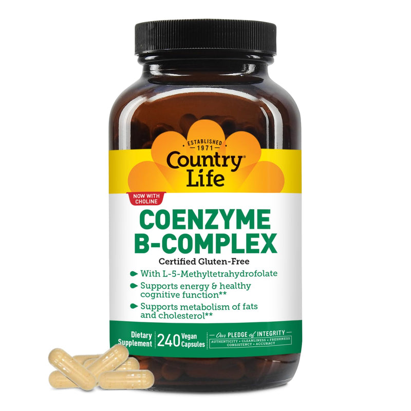 Country Life Coenzyme B-Complex with Methylfolate and B12, 240 Capsules | Includes coenzyme forms of B vitamins plus choline, inositol and alpha lipoic acid for energy and cognitive support Unflavored 240 Count (Pack of 1)