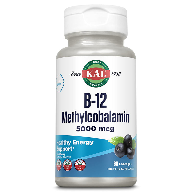 KAL Vitamin B-12 Methylcobalamin Lozenges 5000mcg, Healthy Energy, Metabolism, Nerve & Red Blood Cell Support,* Optimal Absorption, Natural Acai Flavor, Vegan, Sugar Free, 60 Servings, 60 Lozenges Acai Berry 60 Count (Pack of 1)