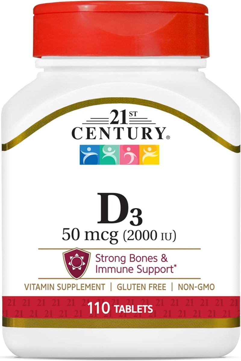21st Century Vitamin D3 2000 IU Tablets, Bone & Immune, 110 Count | Vitamin D3 2000 IU Tablets, Bone Health & Immune System Support & Calcium Absorption, No Artificial Colors or Preservatives 110 Count (Pack of 1)