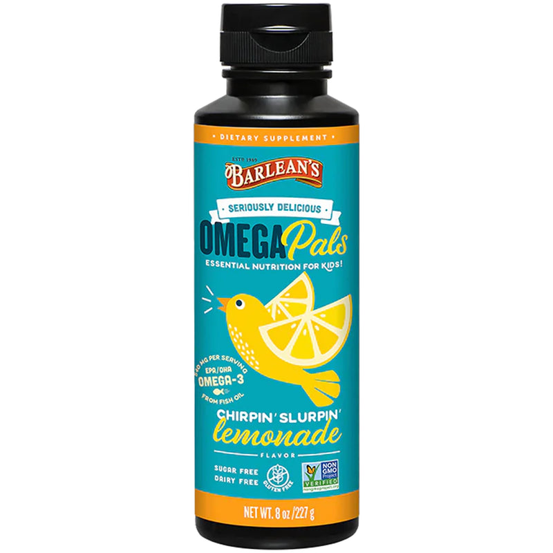 Barlean's Lemonade Omega Pals Kids Omega-3 Fish Oil, 540mg EPA & DHA, 8oz | Wild-caught kids fish oil, 540mg EPA DHA omega-3, Kid-friendly flavor, Non-GMO, Gluten-free, Liquid, Brain & eye Chirpin' Slurpin' Lemonade 8 Fl Oz (Pack of 1)