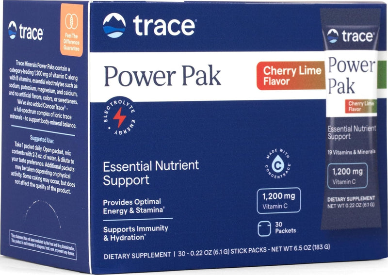Trace Minerals Power Pak Electrolyte Powder Packets, Cherry Lime, 30 Ct | 1200 mg Vitamin C plus Zinc, Immunity and endurance support, Sugar free, No artificial dyes, Keto friendly