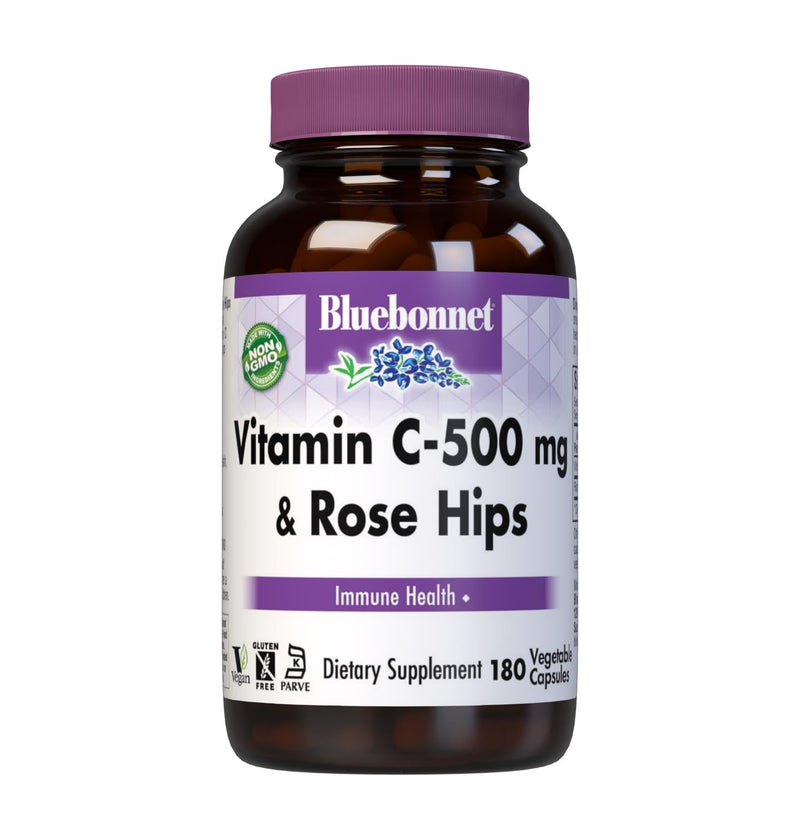 Bluebonnet Vitamin C 500 mg Plus Rosehips Vegetable Capsules, 180 Count | for Immune Health & for Antioxidant Protection; Non-GMO, Vegan, Kosher Certified, Gluten-Free, Soy-Free, Dairy-Free