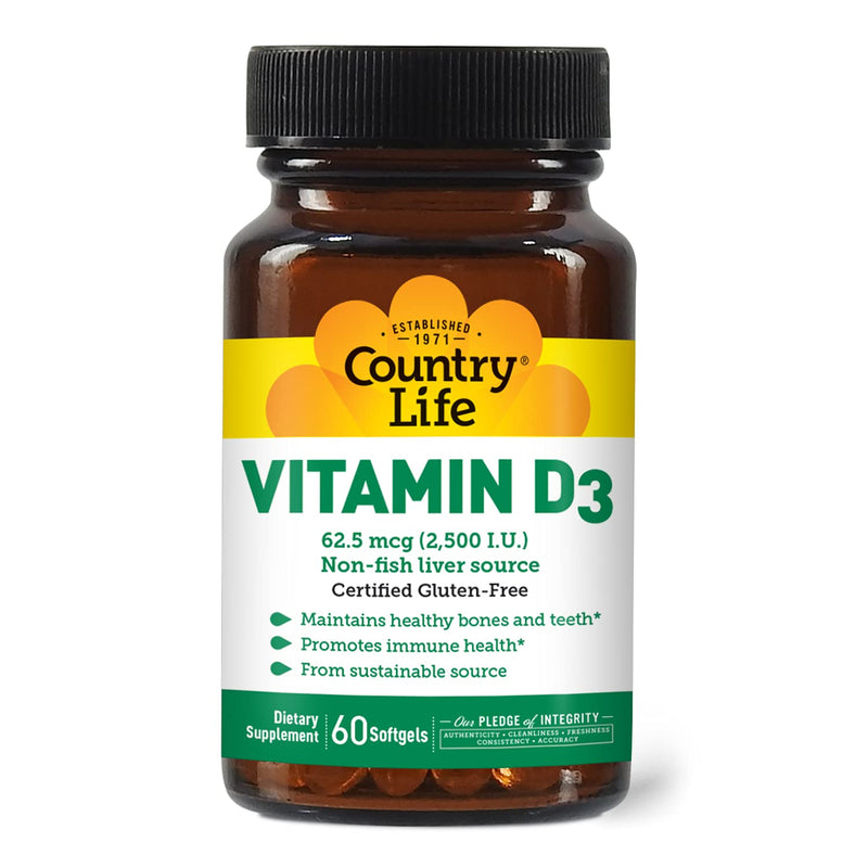 Country Life Vitamin D3 2500 IU, Non-Fish Source, 60 Softgels | Supports calcium absorption and helps maintain healthy bones, teeth and immune function with one convenient daily serving.