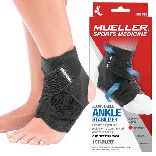 MUELLER Sports Medicine Adjustable Ankle Brace for Men and Women, Ankle Stabilizer for Compression and Pain Relief Support, Ideal for Sprains, Strains, Arthritis, Black, One Size 1 Count (Pack of 1)