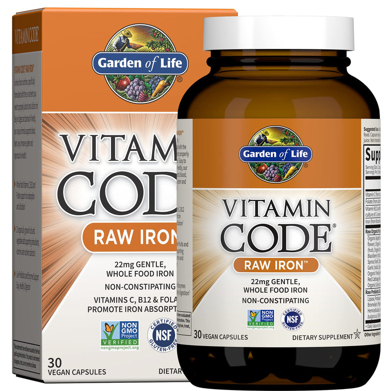 Garden of Life Vitamin Code Raw Iron Supplement - 30 Vegan Capsules, 22mg Once Daily Iron, Vitamins C, B12, Folate, Fruit, Veggies & Probiotics, Iron Supplements for Women, Energy & Anemia Support 1 Count (Pack of 30) Mineral Supplement