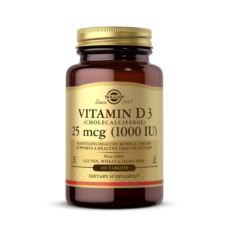 Solgar Vitamin D3 (Cholecalciferol) 25 MCG (1000 IU), 180 Servings | Helps Maintain Healthy Bones & Teeth - Immune System Support - Non-GMO, Gluten Free, Dairy Free, Kosher Unflavored 180 Count (Pack of 1)