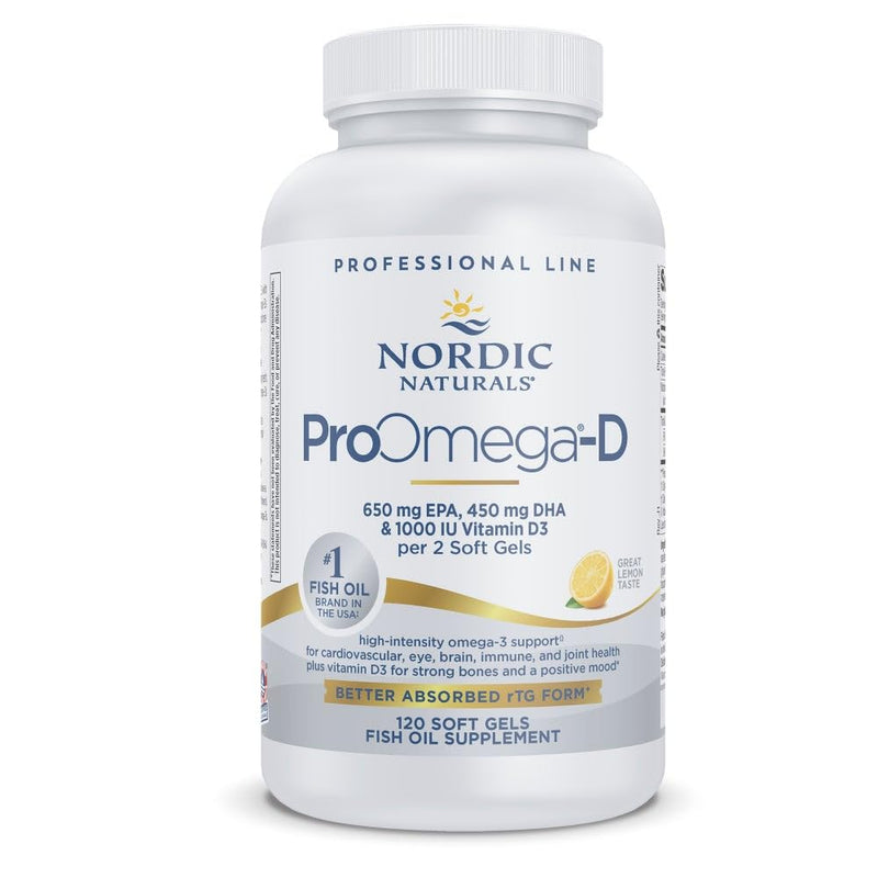 Nordic Naturals ProOmega-D Fish Oil, 1280 mg + 1000 IU D3-120 Softgels | High-potency EPA & DHA fish oil plus vitamin D3 for brain, eye, heart & immune health. 1280 mg omega-3 + 1000 IU D3. Non-GMO Lemon 120 Count (Pack of 1)