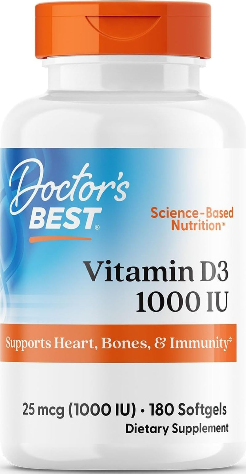 Doctor's Best Vitamin D3 1000 IU Softgels for Men & Women - Vitamin D Supplement for Immune System & Heart Health Support, 25 mcg per Serving, Vit D 3, Non GMO, Gluten & Soy Free - 180 Softgels 180 Count (Pack of 1)