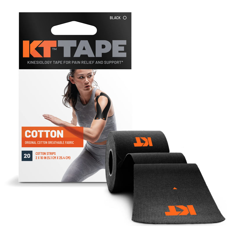 KT Tape, Original Cotton, Elastic Kinesiology Athletic Tape, 20 Count, 10” Precut Strips, Pink, 20 Precut Strips Black - Precut - BeesActive Australia