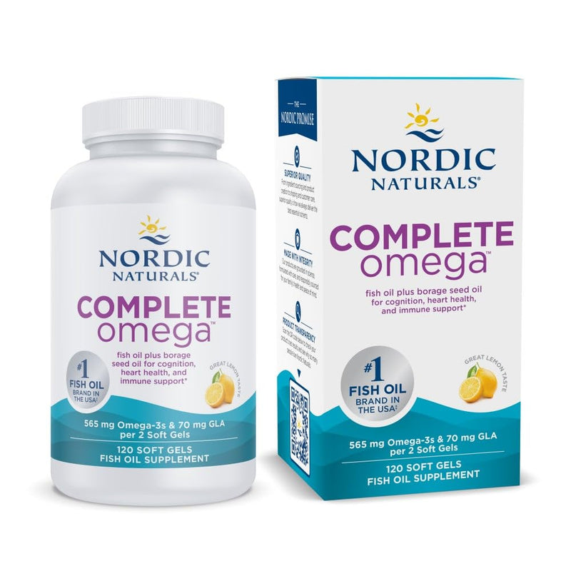 Nordic Naturals Complete Omega-3, w/EPA, DHA, & GLA, Lemon - 120 Softgels | 565mg Omega-3 per serving. Supports healthy skin, cognition & positive mood. Non-GMO. 60 servings per bottle. 120 Count (Pack of 1)
