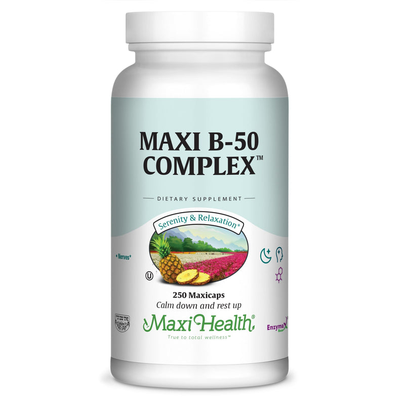 Maxi Health Stress Relief Vitamin B Complex for Women and Men, Vitamin B6, B12, Biotin, Inositol, Folate, Vegan, Gluten & Soy & Milk Free, Kosher, Unflavored, 250 Count | Kosher | B12, Biotin & Folate | B Complex for Energy, Calm & Mental Clarity | Veg...
