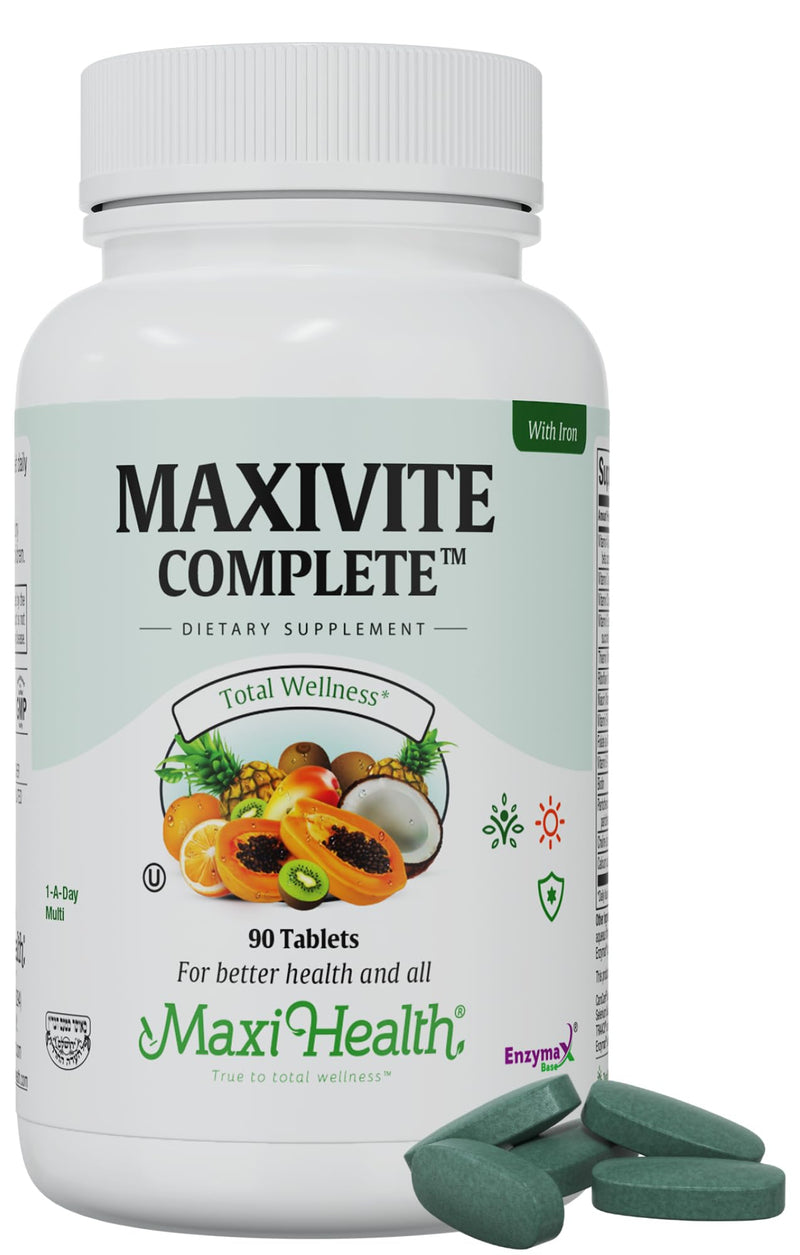 Maxi Health Multivitamin with Iron – Men & Womens Daily Multivitamins for Energy, Immune System, & Overall Wellness – Multi Vitamin with Vitamins A, B, C, D3, E, Zinc, & More – Kosher 90 Tablets