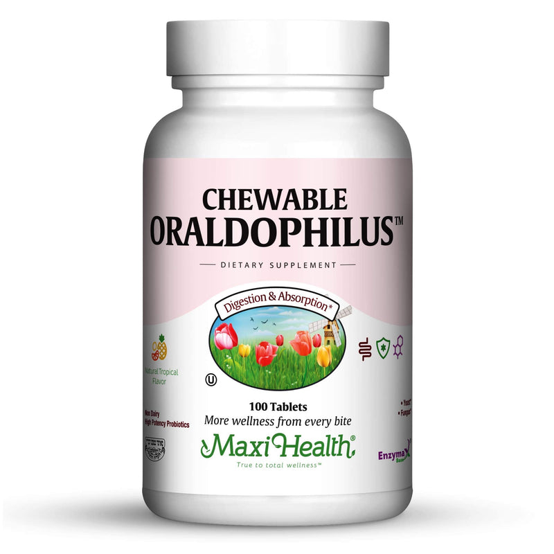 Maxi Health® Oral Probiotics Chewable, Tropical Flavor (100 Count) | Kosher | Chewable Oral Probiotic | Tropical Flavor · Non-Dairy | Daily Oral Probiotic Support | Doctor Formulated Tropical Tablets 100 Count (Pack of 1)