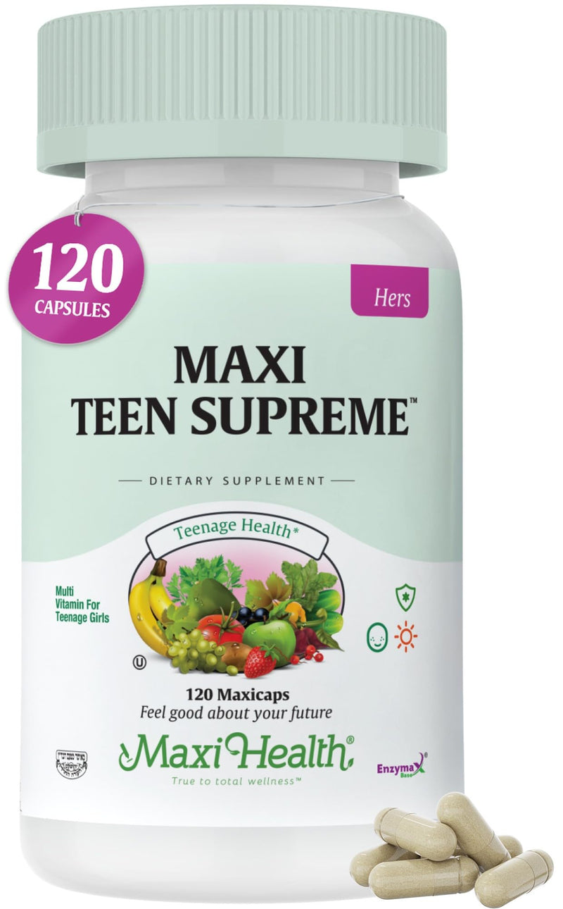 Maxi Health® Teen Vitamins for Girls 12-17, Teen Multivitamin (120 Count) | D3, Iron, Calcium, Biotin & Zinc | Skin, Immune & Mood Support | Kosher | Non-GMO | Doctor Formulated