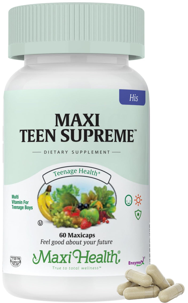 Maxi Health® Teen Vitamins for Boys 12-17, Teen Multivitamin (60 Count) | D3, Iron, Calcium & Enzymes | Energy, Brain & Mood Support | Kosher | Vegetarian · Non-GMO | Doctor Formulated Unflavored Boys 60 Count (Pack of 1)