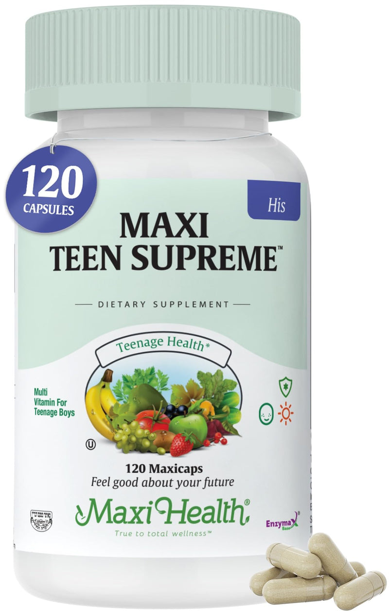 Maxi Health® Teen Vitamins for Boys 12-17, Teen Multivitamin (120 Count) | D3, Iron, Calcium & Enzymes | Energy, Brain & Mood Support | Kosher | Vegetarian · Non-GMO | Doctor Formulated Unflavored Boys 120 Count (Pack of 1)