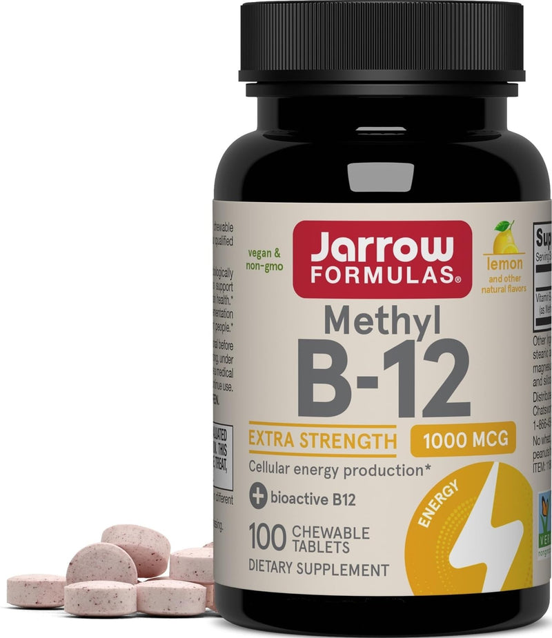 Jarrow Formulas Methyl Vitamin B-12 1000 mcg, 100 Chewable Tablets, Lemon Flavored- Bioactive B12 Vitamin - Supports Cellular Energy Production, Brain Health & Metabolism - 100 Servings | Lemon Flavored, Bioactive B12 Vitamin, Supports Cellular Energy ...