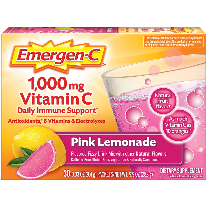 Emergen-C 1000mg Vitamin C Powder, with Antioxidants, B Vitamins and Electrolytes, Immunity Supplements for Immune Support, Caffeine Free Fizzy Drink Mix, Pink Lemonade Flavor - 30 Count - BeesActive Australia