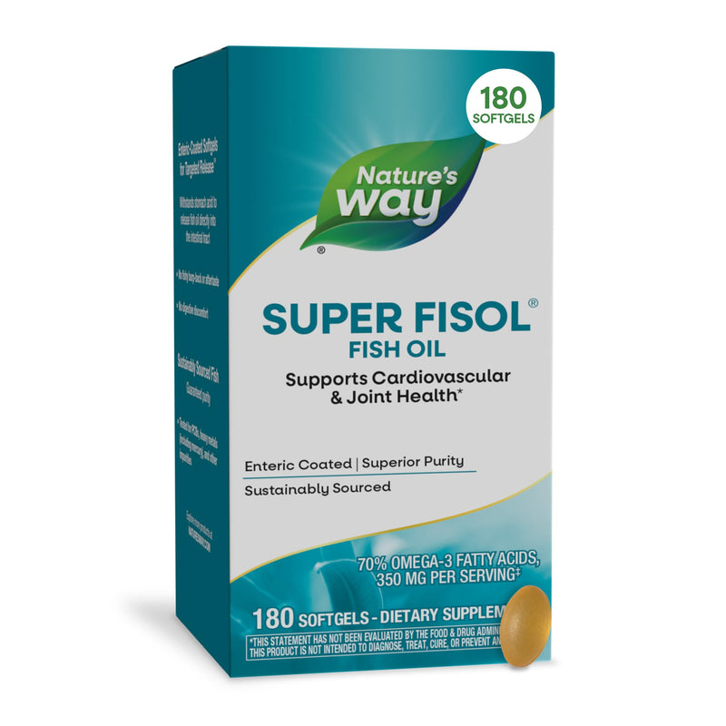 Nature's Way Super Fisol Fish Oil Softgels, Omega-3 Supplement, 180 ct | EPA and DHA, Supports Joint & Cardiovascular Heart Health*, Enteric-Coated Softgels, 350 mg per Serving Yellow 180 Count (Pack of 1)