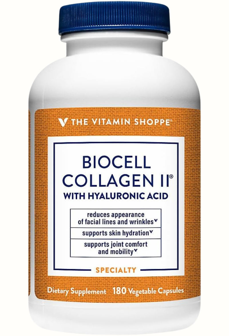 The Vitamin Shoppe Brand BioCell Collagen Capsules, 1000 mg, 180 Capsules | Hyaluronic Acid, 1000 MG Collagen per Serving, Supplement for Men and Women, Supports Daily Wellness, Gluten Free, Non GMO 180 Count (Pack of 1)