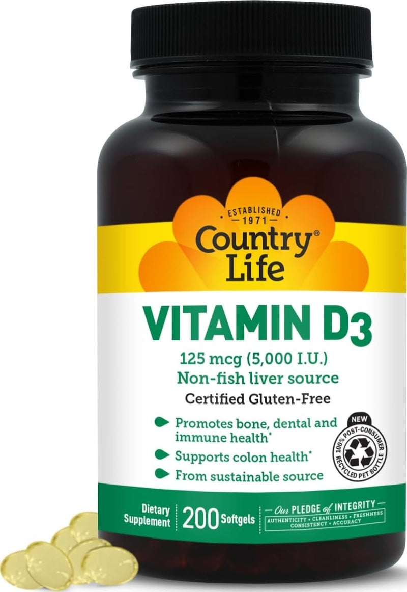 Country Life Vitamin D3 125 mcg 5000 IU, Gluten-Free, 200 Softgels | Supports bone, dental, immune and colon health while helping the body absorb calcium 200 Count (Pack of 1)