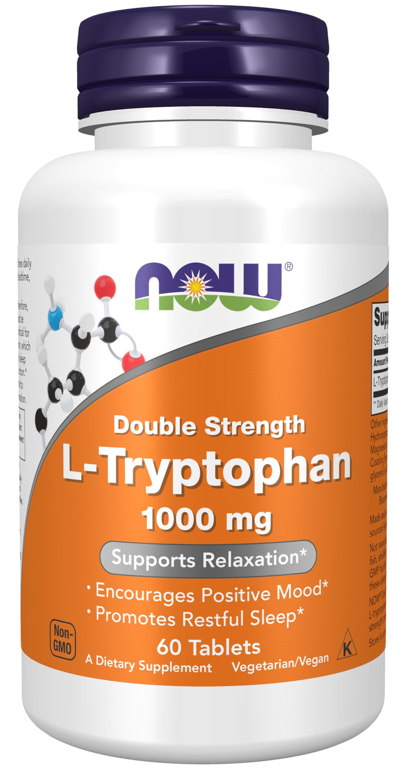 NOW Foods Supplements, L-Tryptophan 1,000 mg, Double Strength, Encourages Positive Mood*, Supports Relaxation*, 60 Tablets Unflavored 60 Count (Pack of 1)