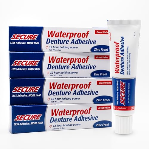 Secure Denture Adhesive Cream, Zinc Free Denture Glue, 1.4 oz, 4 Pack Regular