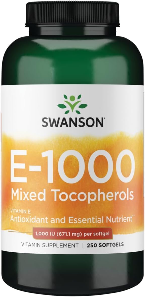 Swanson Vitamin E Mixed Tocopherols 1000 IU, 250 Softgels | Vitamin E from Mixed Tocopherols for Daily Antioxidant Support with a Plant-Based Full Spectrum Formula, No Processing