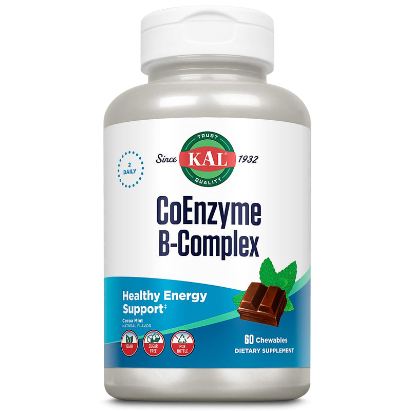 KAL CoEnzyme Vitamin B Complex, Chewable B Vitamins for Healthy Energy, Red Blood Cell and Nerve Function Support w/Vitamin B12, B6, Folic Acid, Natural Cocoa Mint, Vegan, Sugar Free, 30 Serv, 60ct 60 Count (Pack of 1)