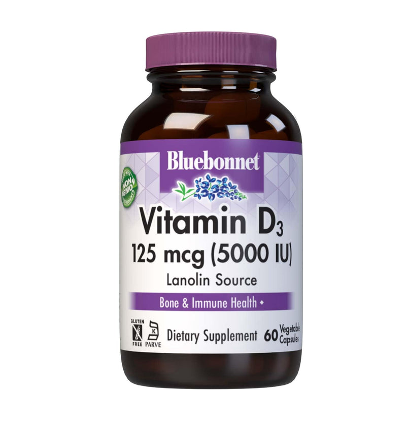 Bluebonnet Nutrition Vitamin D3 5000 IU Vegetable Capsule, Aids in Muscle & Skeletal Growth, Cholecalciferol from Lanolin, D3, Non GMO, Gluten Free, Soy Free, Milk Free, Kosher, 60 Count | Non-GMO, Vegetarian, Gluten-Free, Soy-Free Unflavored