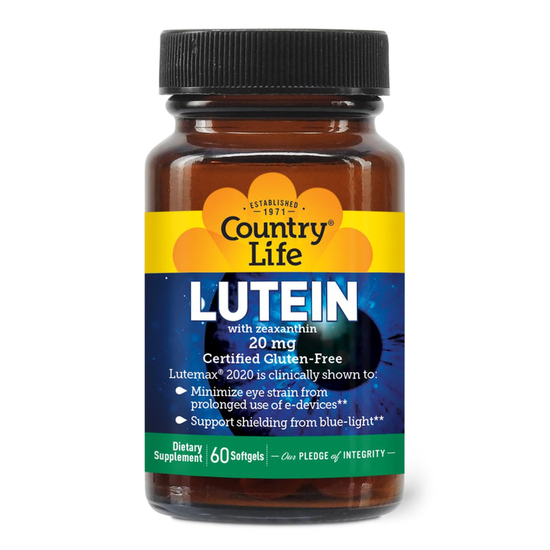 Country Life Lutein 20 mg Supplement - Certified Gluten-Free - Eye Health Support with Lutein and Zeaxanthin - Reduces Eye Strain from Screens - No Yeast, Corn, Wheat, Milk - 60 Softgels