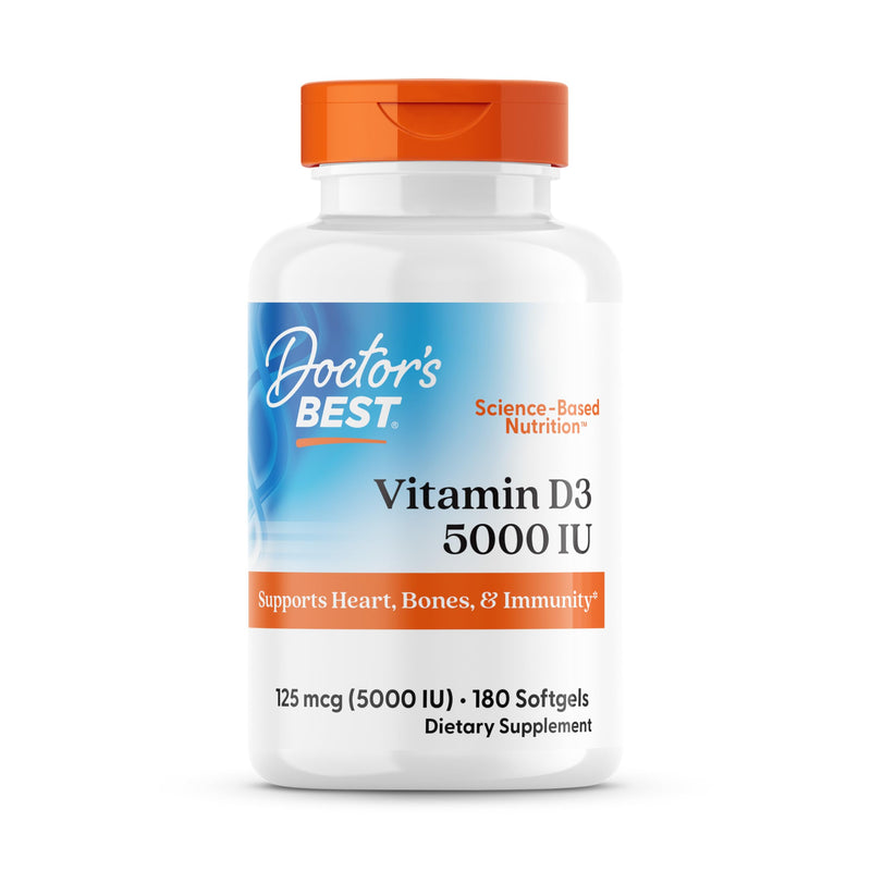 Doctor's Best Vitamin D3 5000IU, Non-GMO, Gluten & Soy Free, Regulates Immune Function, Supports Healthy Bones, White, No Flavour, 180 Count Unflavored 180 Count (Pack of 1)