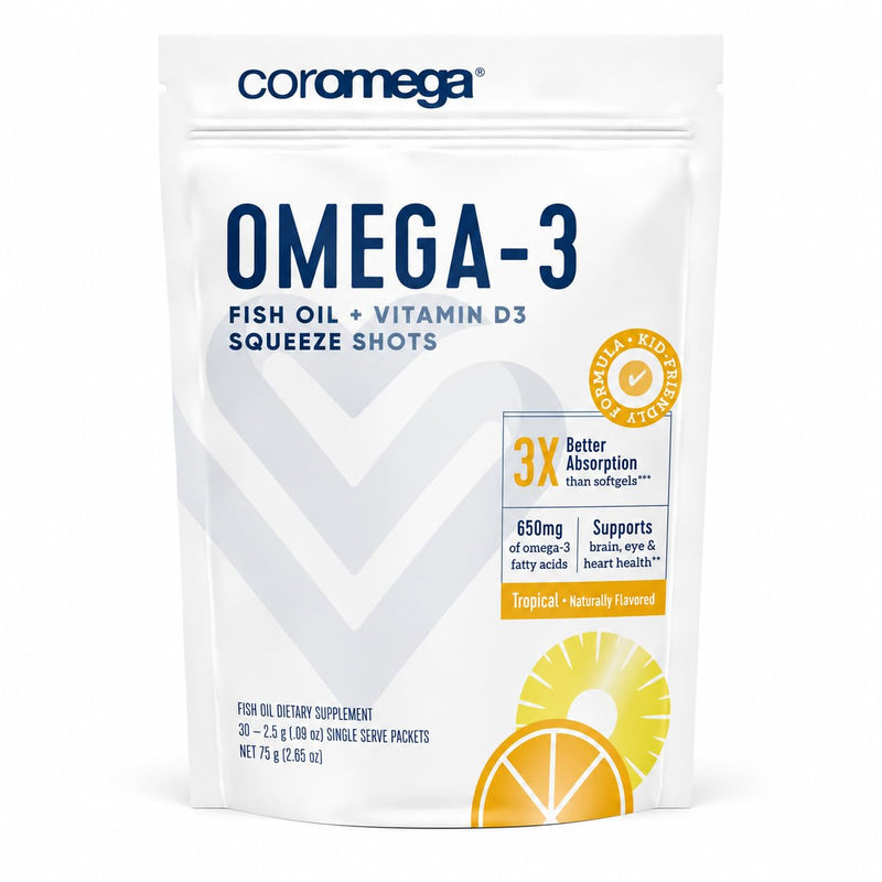 Coromega - Omega 3 Tropical Flavor - 30 Packets - 650mg | 3X Better Absorption Than Softgels, Tropical Flavor, Single-Serve Squeeze Shots, No Fishy Aftertaste, Easy To Enjoy 30 Count (Pack of 1)