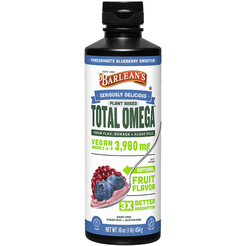 Barlean's Pomegranate Borage & Algae Oil, Omega 3-6-9 Flaxseed, Vegan, 16oz | Plant-based flax, borage & algae, EPA DHA omega 3-6-9, Non-GMO, Gluten-free, Vegan, For kids & adults, Heart & brain Pomegranate Blueberry Smoothie 1 Pound (Pack of 1)