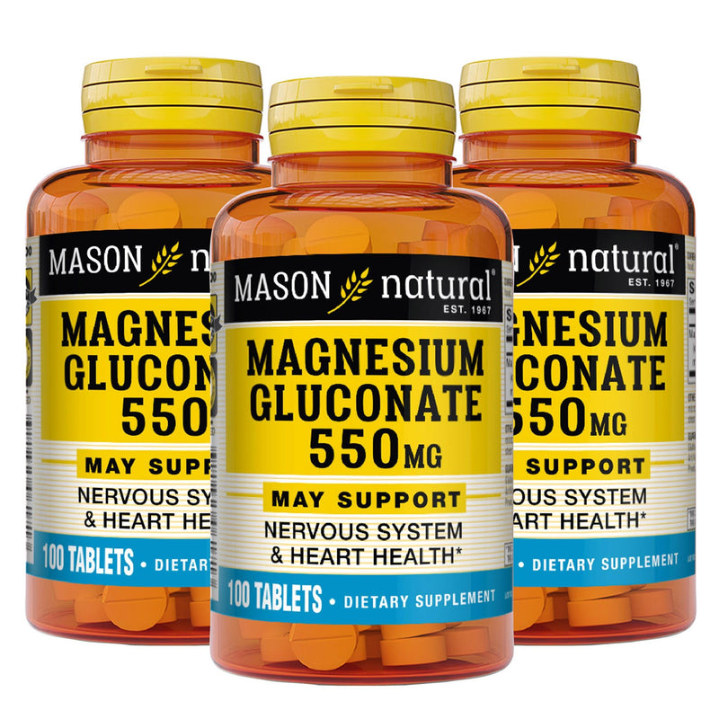 Mason Natural Magnesium Gluconate 550 mg, Heart Support, 300 Day Supply | Fast-absorbing magnesium gluconate electrolyte, 30mg elemental, to support normal heart & nervous system functions 100 Count (Pack of 3)
