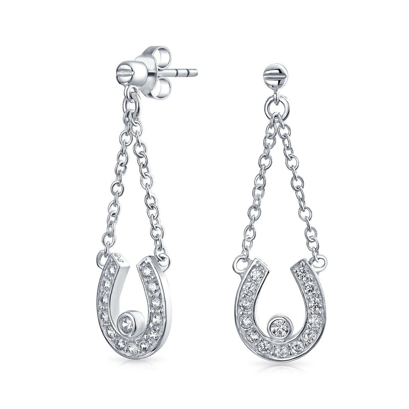 Good Luck Horseshoe Equestrian Cubic Zirconia Pave CZ Dangle Earrings Western Jewelry For Women Teen Graduation .925 Sterling Silver - BeesActive Australia