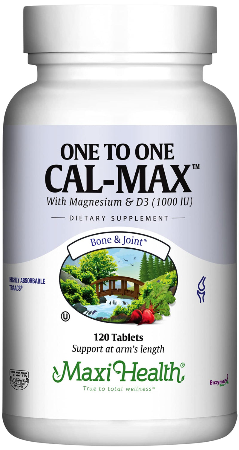 Maxi Health® Calcium Supplement 500mg with Magnesium & D3 (120 Tablets) | Kosher | 500mg Calcium, 500mg Magnesium & 1000 IU D3 | Bone, Teeth & Joint Support | Doctor Formulated Unflavored 120 Count (Pack of 1)