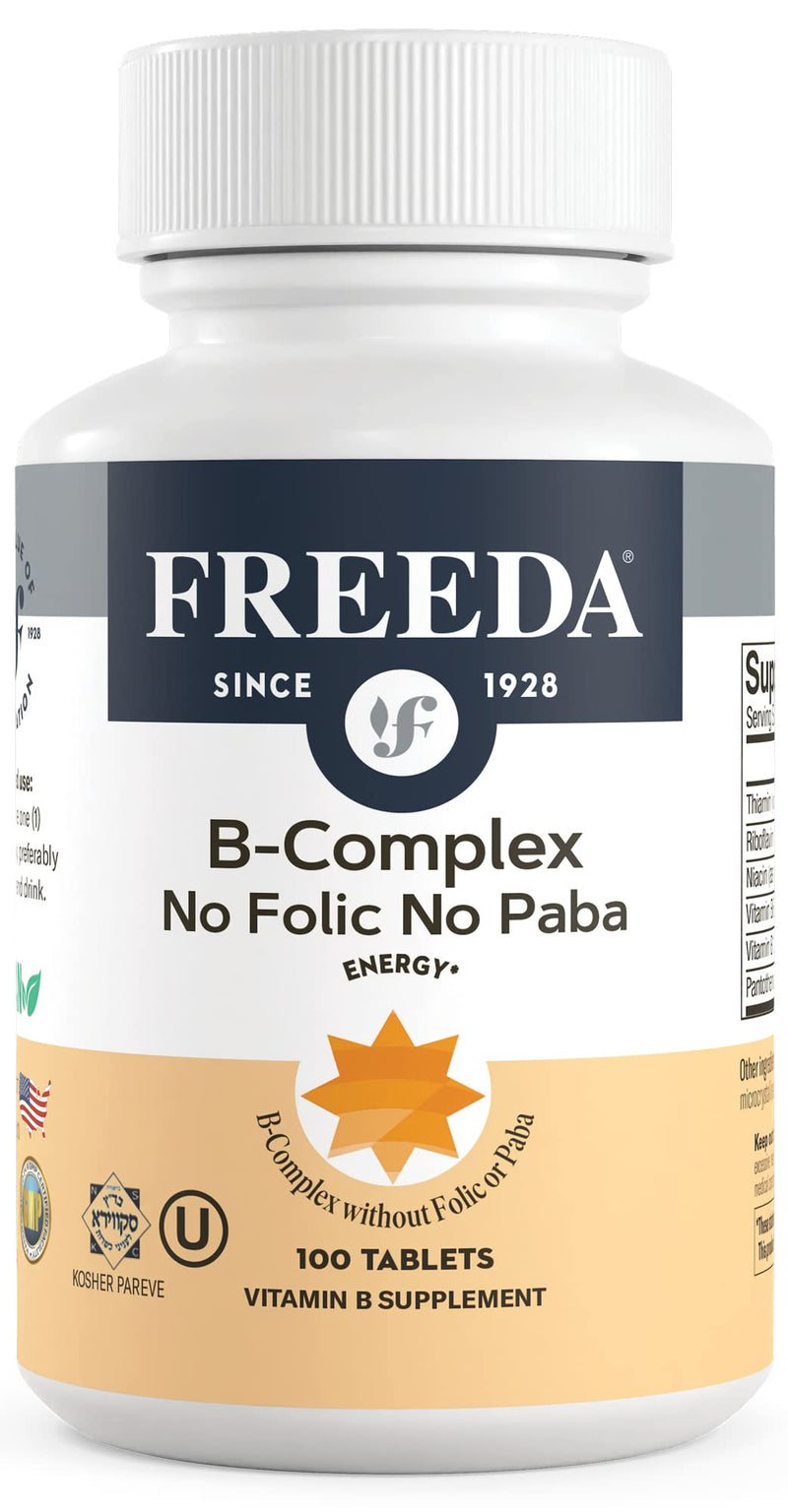 FREEDA Super B-Complex Vitamin Supplement – No Folic Acid or PABA, 100ct | Supports Energy, Metabolism, & Cellular Function – Balanced B Vitamins for Men & Women – Kosher, Vegan, Gluten-Free, USA Made 100 Count (Pack of 1)