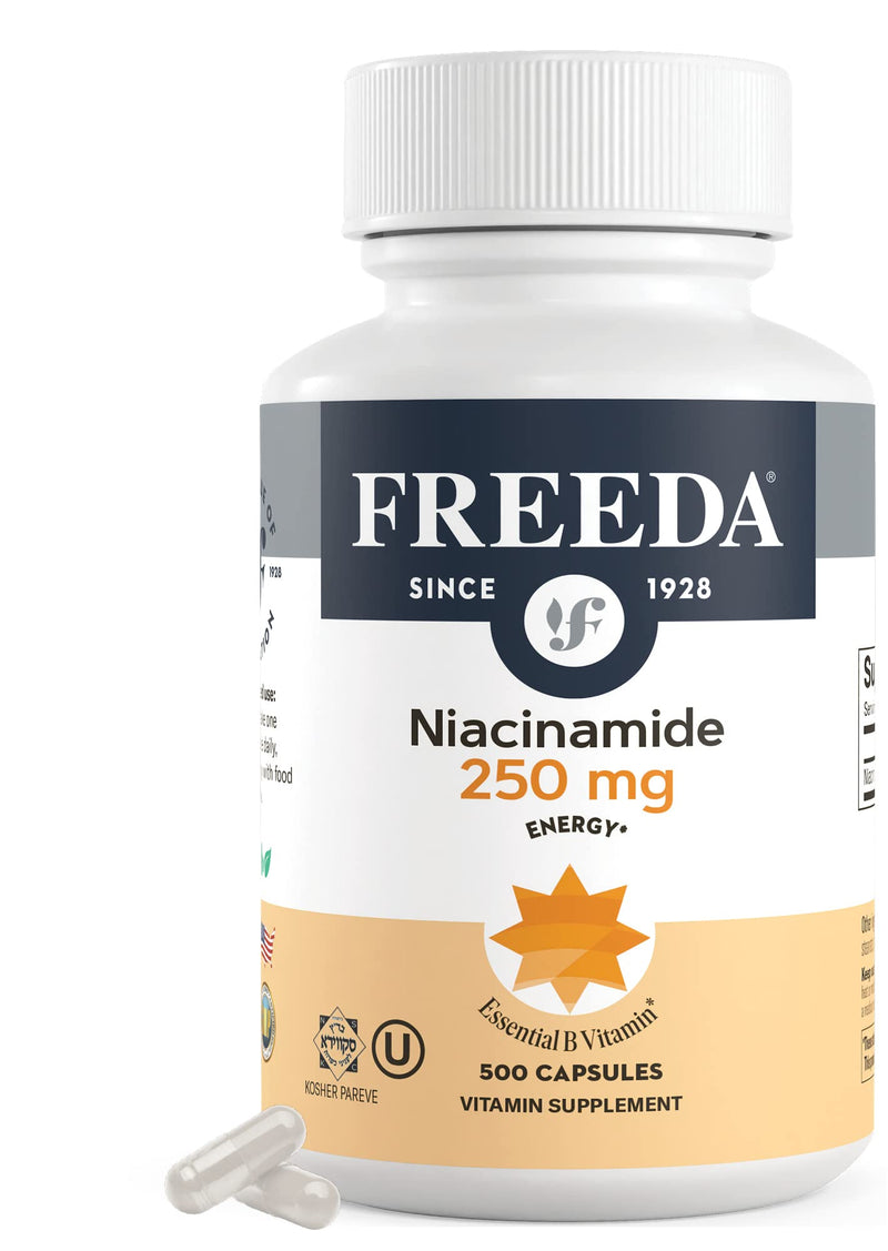 FREEDA 250mg Niacinamide & Vitamin B3 Supplement - 500 Capsules | Vegetarian Niacinamide Supplement with No-Flush Formula - Supporting Skin Health & Energy Metabolism