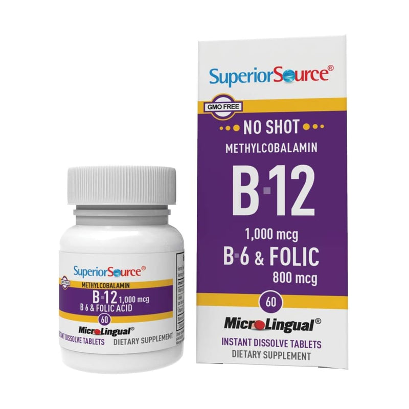 Superior Source No Shot Vitamin B-12 Methylcobalamin 1000 mcg, B-6 & Folic Acid 800 mcg - Supports Brain & Heart Health - Aids Natural Energy Levels - 60 Sublingual Dissolving Tablets Unflavored 60 Count (Pack of 1)
