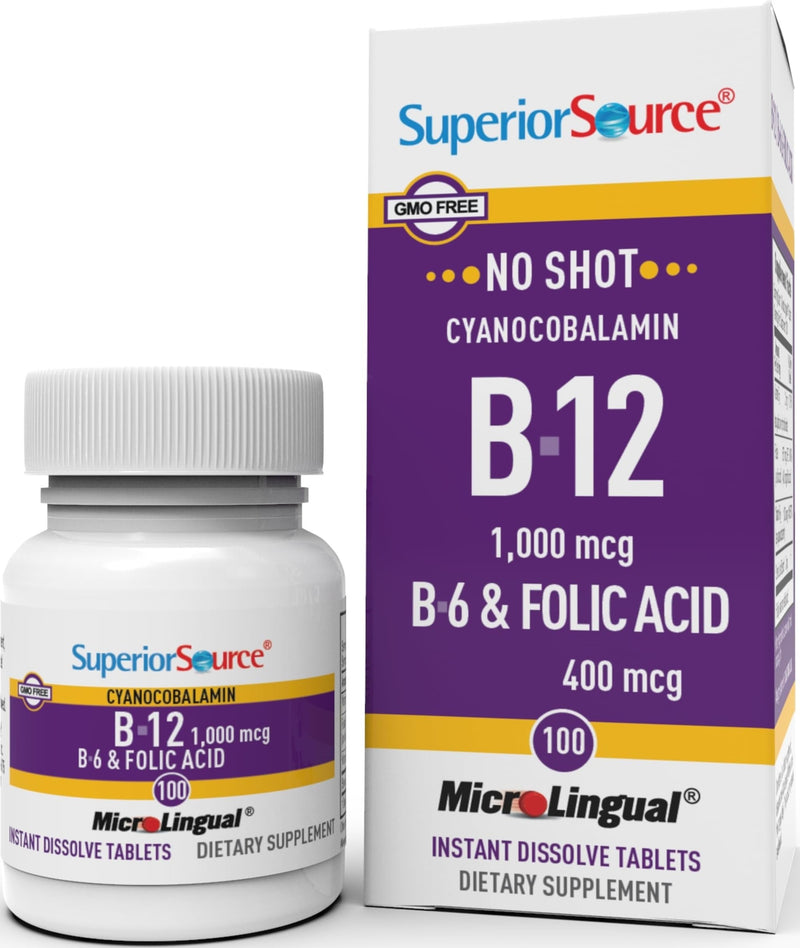 Superior Source No Shot Vitamin B-12 Cyanocobalamin 1000 mcg, B-6, Folic Acid 400 mcg - Support Brain & Heart Health - Aids Natural Energy Levels - 100 Sublingual Dissolving Tablets Unflavored 100 Count (Pack of 1)