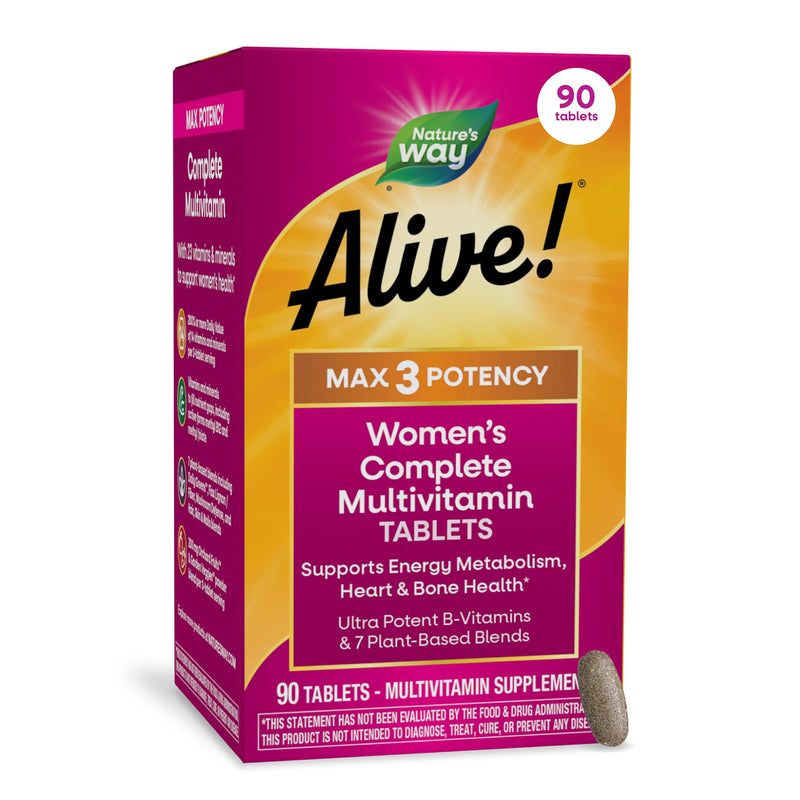 Nature's Way Alive! Max3 Potency Women's Complete Multivitamin, 90 ct | High-Potency Formula with Methylated B12, Folate, CranRx, Spirulina, Digestive Enzymes; Gluten-Free, No Artificial Colors
